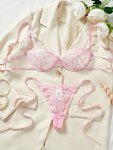 Heart Embroidery Lingerie Set Mesh Unlined Bra & Strappy Thong Women's Sexy Lingerie & Underwear