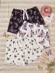 3 Pcs Allover Butterfly Print Pajama Bottoms Casual Bow Decor Elastic Loose Fit Shorts Women's Sleepwear
