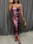 Allover Print Low Cut Dress Casual Backless Spaghetti Strap Slim Cami Dress For Spring & Summer Women's Clothing