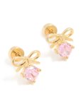 Kids Gold Plated Surgical Steel Pink Cubic Zirconia Bow Flat Back Earrings