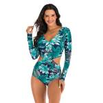 Women's Criss-cross Blue Long Sleeve Zip Swimwear - XL