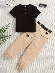 2PCS Boys Casual Solid Color Half Button Short Sleeve T-Shirt & Cargo Pants With Belt Set Comfy Boys Clothes
