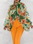 Abstract Print Mock Neck Tied Blouse Stylish Batwing Sleeve Blouse Women's Clothing