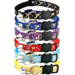 Reflective Breakaway Cat Collar With Moon And Star Pattern Polyester Material Quick Release Safety Buckle For Small Cats And Dog