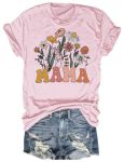 Women's Vintage Flowers Shirt Casual Boho Mama Floral Printed T-Shirt Mother's Day Graphic Tees Tops Mother-pink M
