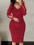 Cold Shoulder Ruched Body-con Dress Solid Sexy Dress For Spring & Fall Women's Clothing