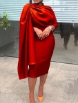 Solid Color Pleated Asymmetrical Dress Elegant 3 4 Sleeve Bodycon Dress For Office & Work Women's Clothing