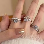 3 Pcs Adjustable Open Heart & Moonlight Cubic Zirconia Rings Simple Ladies Vacation Party Jewelry Romantic Date Gift Everyday Ac