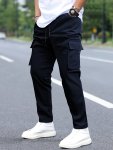 Men's Solid Cargo Pants With Multi Pockets Street Style Drawstring Trousers For Outdoor Activities