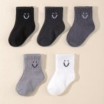 5 Pairs Of Kid's Fashion Cute Happy Expression Pattern Crew Socks Comfy & Breathable Soft & Elastic Thin Socks For Spring And Su