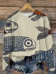 Fish Print Long Sleeve T-Shirt Casual Crew Neck Top For Spring & Fall Women's Clothing