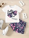 Baby's "pretty And Smart" Sunglasses Print 2PCS Casual Summer Outfit T-Shirt & Flower Pattern Shorts Set Toddler & Infant Girl's