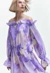 Oversized Off-the-shoulder Dress - Light Purple Floral