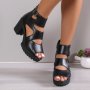 Women's Solid Color Block Heeled Sandals Fashion Open Toe Dress Pumps Stylish Back Zipper Heels