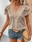 Allover Print V Neck Blouse Elegant Layered Ruffle Sleeve Top For Spring & Summer Women's Clothing