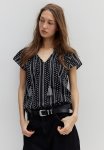 Drawstring-detail Cotton Blouse - Black Striped