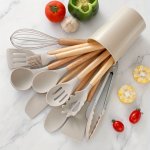 12PCS Silicone Utensil Set Khaki Kitchen Utensil Set With Wooden Handle Safety Cooking Utensils Set Non-stick Kitchen Tools Set