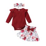 Maroon Ribbed Romper With Matching Floral Headband And Skirt