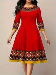 Ethnic Print Crew Neck Midi Dress Elegant 3 4 Sleeve Flared Swing Dress Women's Clothing