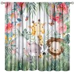 Fblifil Cartoon Jungle Flower Animals Curtains For Kids Boys Girls Watercolor Cartoon Forest Animals Toddler Rod Pocket Window D