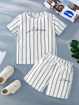Boy's Vertical Stripe Pattern 2PCS Casual Outfit Letter Print T-Shirt & Shorts Set Boy's Clothes For Summer
