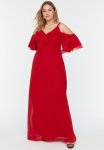 Sleeves Ruffled Double Breasted Chiffon Evening Dresss - Red