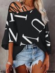Letter Print Multiple Straps T-Shirt Stylish Three-quarter Sleeve Asymmetrical Top For Spring & Summer Women's Clothing
