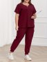 Plus Size Solid Color Two-piece Set Pockets Notched Neck Short Sleeve Scrub Top & Pants Outfits Women's Plus Sizeclothing