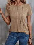 Solid Color Crew Neck Pintuck T-Shirt Elegant Short Sleeve Top For Spring & Summer Women's Clothing