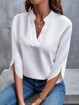 Solid Color Notch Neck Blouse Casual 3 4 Split Sleeve Top For Spring & Summer Women's Clothing