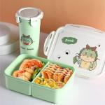 Cartoon Design Plastic Bento Lunch Box With Water Bottle - Green