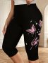 Plus Size Butterfly Print Capri Leggings Casual High Waist Stretchy Leggings For Spring & Summer Women's Plus Size Clothing