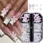 Hypoallergenic Pink Ballet Ribbon Bow & Pearl Nail Charms - 6-GRID Box For Diy Manicure Perfect For Foot Hand & Nail Care