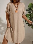 Plus Size Solid Color Textured Dress Casual Short Sleeve Crew Neck Dress For Spring & Summer Women's Plus Size Clothing
