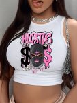 Hustle & Figure Print Crew Neck Tank Top Casual Sleeveless Crop Tank Top For Spring & Summer Women's Clothing