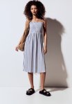 Tie-strap Smocked Dress - White Blue Multi