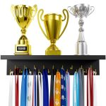 Evermore Medal Hanger Display And Trophy Shelf With Hooks - Wooden Medal Holder For Wall Mount Ribbon Display Trophy Display She