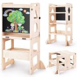 Woodure 4-IN-1 Toddler Kitchen Step Stool Foldable Learning Standing Tower With Blackboard Wooden Kitchen Stool Helper For Kids