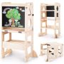 Woodure 4-IN-1 Toddler Kitchen Step Stool Foldable Learning Standing Tower With Blackboard Wooden Kitchen Stool Helper For Kids 1-3 Year Old Boy Gi