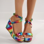 Women's Rainbow Stripe Print Cross Strap Wedge Super High Heel Sandals - Gorgeous Colors Are As Beautiful As A Rainbow - Open-to