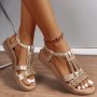 Women's Rhinestone Decor Wedge Heeled Sandals Casual Open Toe Platform Shoes Comfortable Ankle Strap Sandals