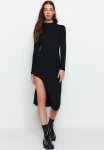 Ribbed Deep Slit Detailed Fitted Midi Stretchy Knitted Dress - Black
