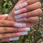 24PCS Extra Long Square Fake Nails Pinkish Gradient Ballerina Press On Nails With Rhinestones Marble Pattern False Nails For Wom