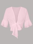 Solid Color Tie Front Crop Blouse Versatile Layered Flare Sleeve Blouse For Spring & Summer Women's Clothing