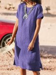 Solid Color Textured Dress Casual Crew Neck Short Sleeve Dress For Spring & Summer Women's Clothing