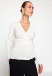 Pleat Detailed Double Breasted Frilly V Neck Knitted Blouse - Ecru