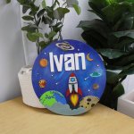 Wooden Name Board In Theme Rocket Space Adventure Cartoon Set