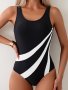 Contrast Color One-piece Swimsuit Round Neck Tummy Control High Cut Competitive Bathing Suits Women's Swimwear & Clothing