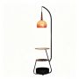 Adjustable Curved Floor Lamp With Glass Lampshade And Solid Wood Table.