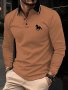 Men's Stylish Solid Color Horse Print Polo Shirt - Long Sleeve Button-up Perfect For Golf & Casual Wear Machine Washable